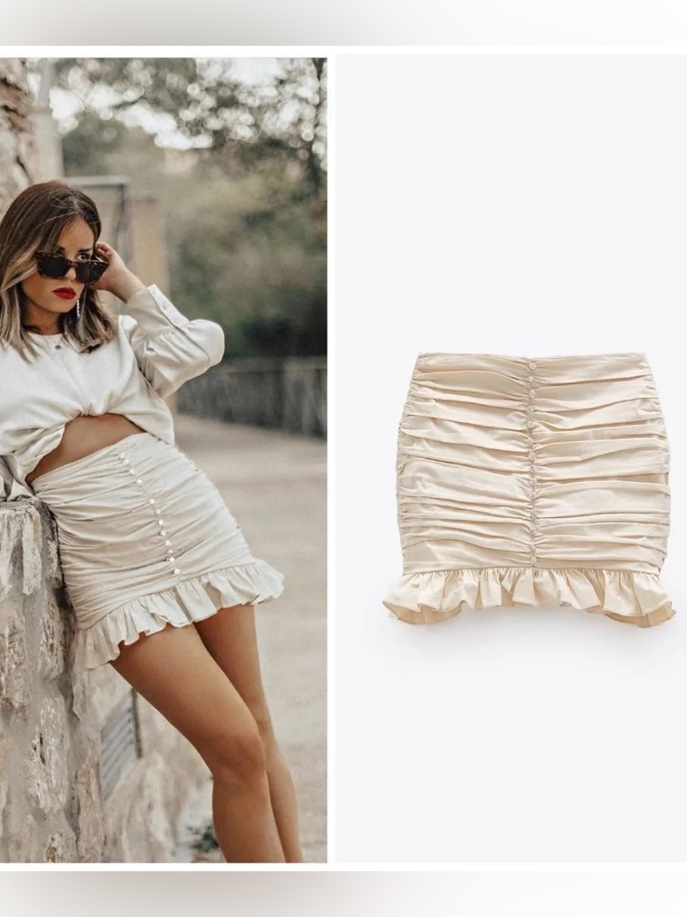 Zara Cream Ruched Mini Skirt with jewel and Ruffle Hem